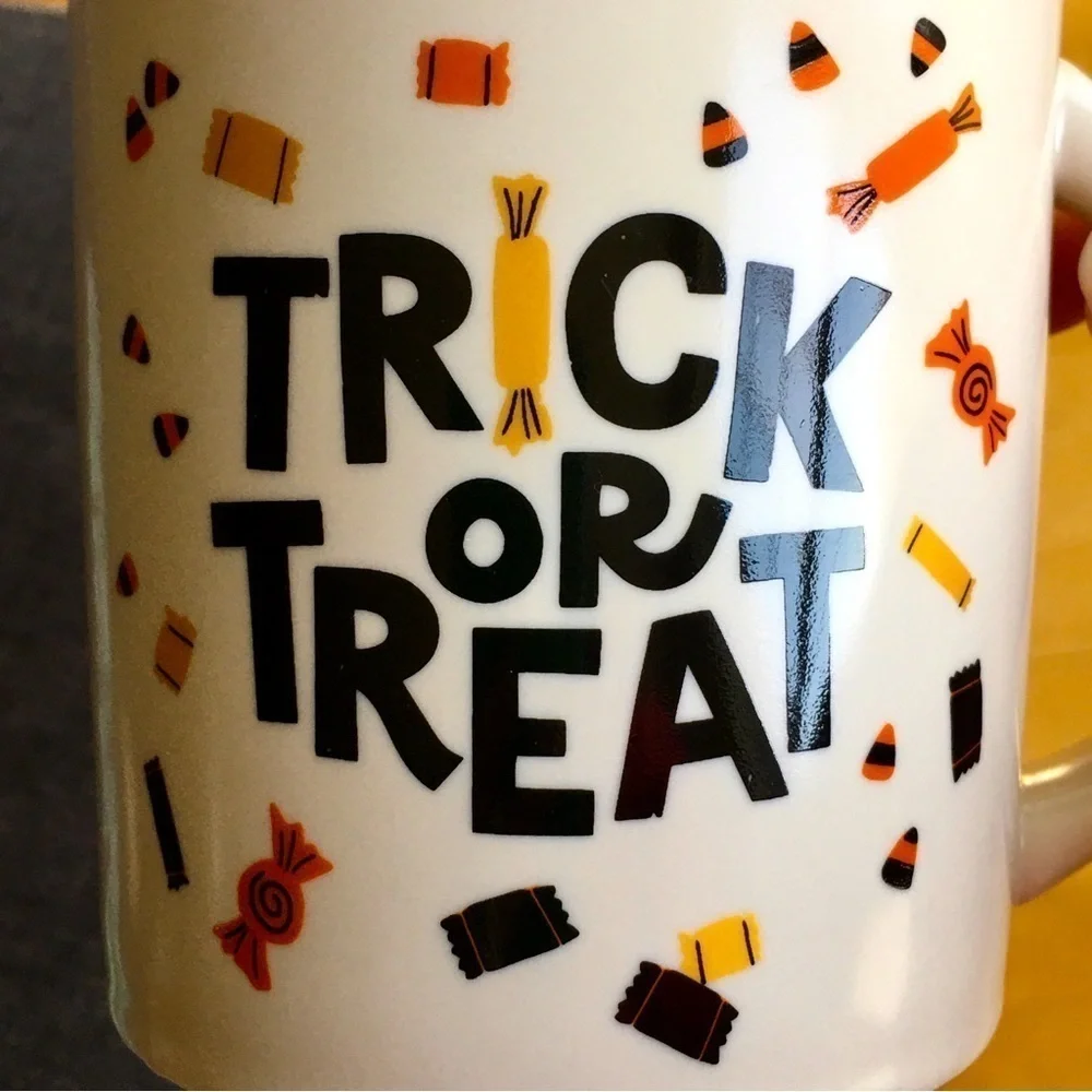“TRICK OR TREAT” Coffee Mug, Ivory, Cream, Black, Fall Colors, 16 oz